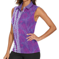 Hawaii Prince Kuhio Women Sleeveless Polo Shirt Violet Hawaiian Lau Maia With Leis