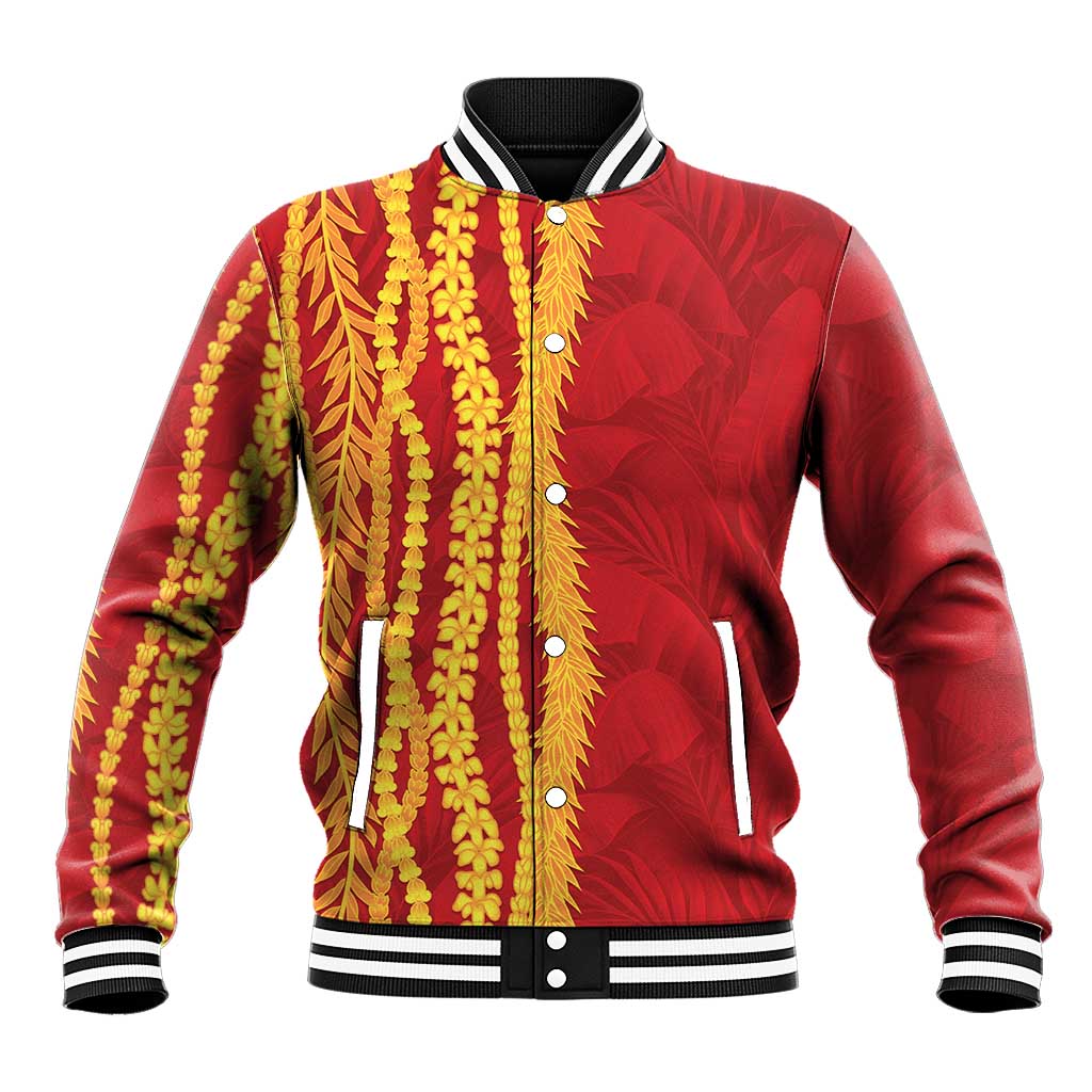 Hawaii Prince Kuhio Baseball Jacket Red Hawaiian Lau Maia With Leis
