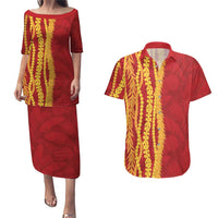 Hawaii Prince Kuhio Couples Matching Puletasi and Hawaiian Shirt Red Hawaiian Lau Maia With Leis
