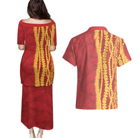Hawaii Prince Kuhio Couples Matching Puletasi and Hawaiian Shirt Red Hawaiian Lau Maia With Leis