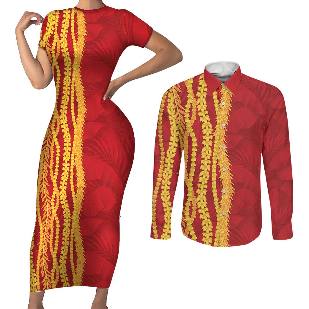 Hawaii Prince Kuhio Couples Matching Short Sleeve Bodycon Dress and Long Sleeve Button Shirt Red Hawaiian Lau Maia With Leis
