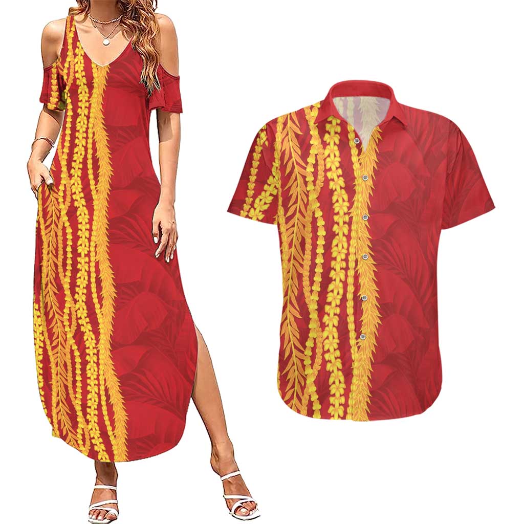 Hawaii Prince Kuhio Couples Matching Summer Maxi Dress and Hawaiian Shirt Red Hawaiian Lau Maia With Leis