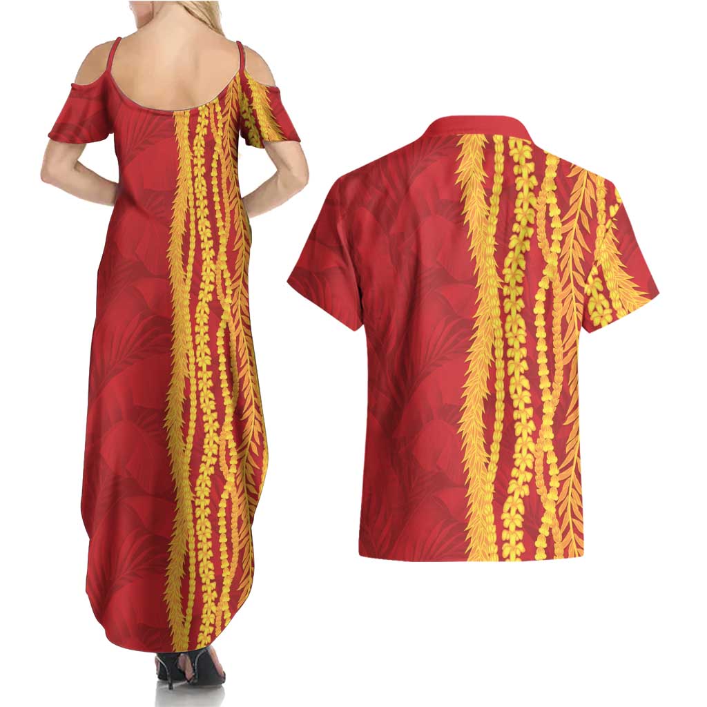 Hawaii Prince Kuhio Couples Matching Summer Maxi Dress and Hawaiian Shirt Red Hawaiian Lau Maia With Leis