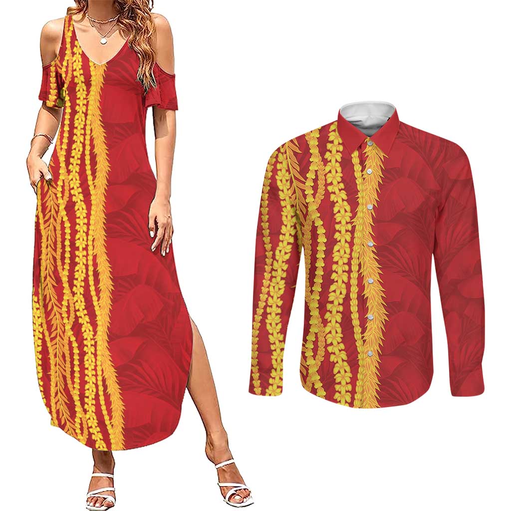 Hawaii Prince Kuhio Couples Matching Summer Maxi Dress and Long Sleeve Button Shirt Red Hawaiian Lau Maia With Leis