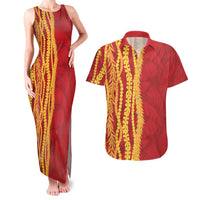 Hawaii Prince Kuhio Couples Matching Tank Maxi Dress and Hawaiian Shirt Red Hawaiian Lau Maia With Leis