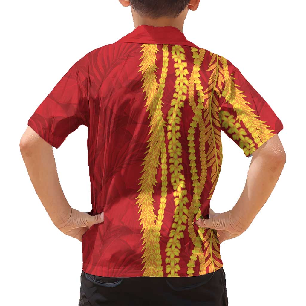 Hawaii Prince Kuhio Family Matching Long Sleeve Bodycon Dress and Hawaiian Shirt Red Hawaiian Lau Maia With Leis