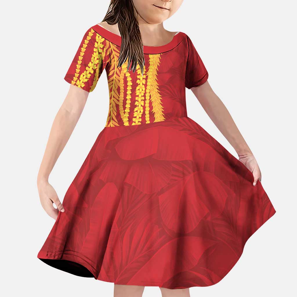 Hawaii Prince Kuhio Family Matching Long Sleeve Bodycon Dress and Hawaiian Shirt Red Hawaiian Lau Maia With Leis