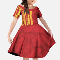 Hawaii Prince Kuhio Family Matching Long Sleeve Bodycon Dress and Hawaiian Shirt Red Hawaiian Lau Maia With Leis