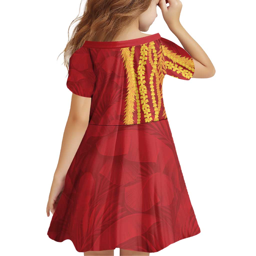Hawaii Prince Kuhio Family Matching Long Sleeve Bodycon Dress and Hawaiian Shirt Red Hawaiian Lau Maia With Leis