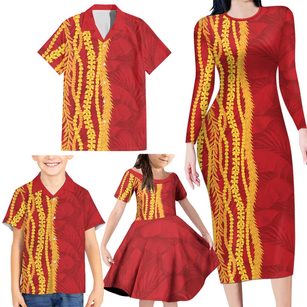 Hawaii Prince Kuhio Family Matching Long Sleeve Bodycon Dress and Hawaiian Shirt Red Hawaiian Lau Maia With Leis