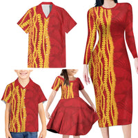 Hawaii Prince Kuhio Family Matching Long Sleeve Bodycon Dress and Hawaiian Shirt Red Hawaiian Lau Maia With Leis