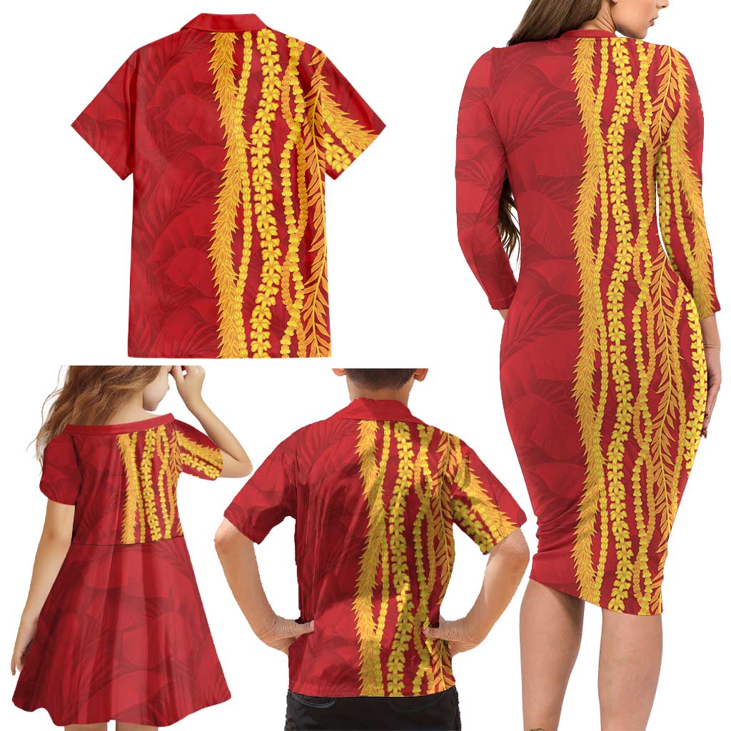 Hawaii Prince Kuhio Family Matching Long Sleeve Bodycon Dress and Hawaiian Shirt Red Hawaiian Lau Maia With Leis