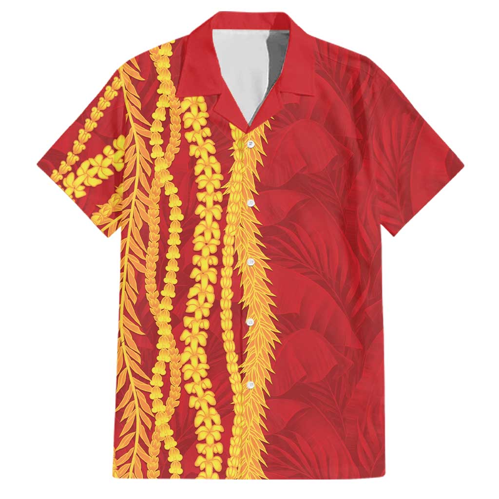 Hawaii Prince Kuhio Family Matching Long Sleeve Bodycon Dress and Hawaiian Shirt Red Hawaiian Lau Maia With Leis