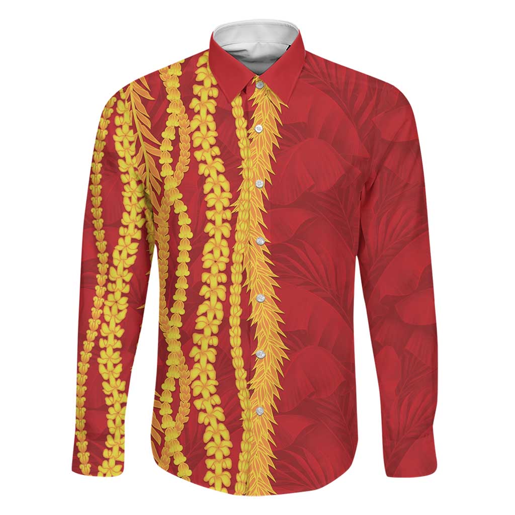 Hawaii Prince Kuhio Family Matching Long Sleeve Bodycon Dress and Hawaiian Shirt Red Hawaiian Lau Maia With Leis