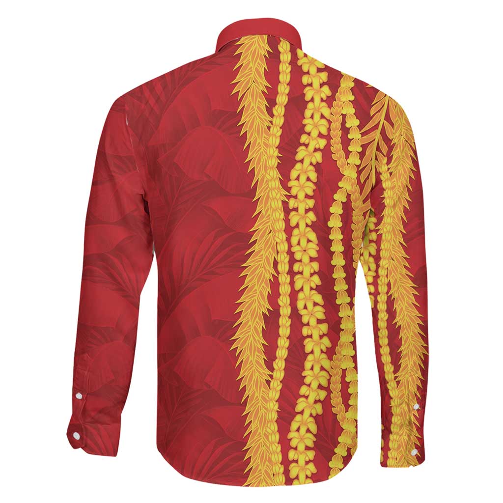 Hawaii Prince Kuhio Family Matching Long Sleeve Bodycon Dress and Hawaiian Shirt Red Hawaiian Lau Maia With Leis