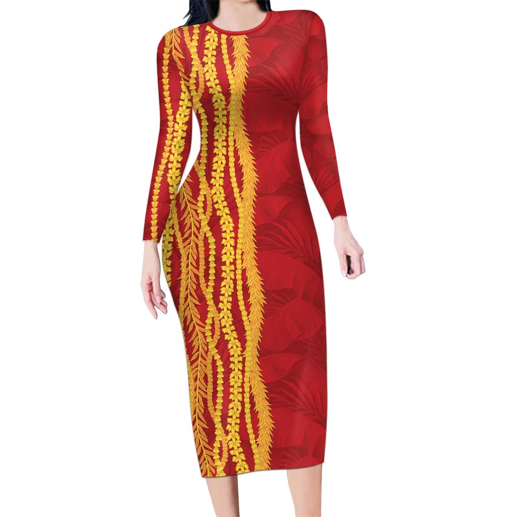 Hawaii Prince Kuhio Family Matching Long Sleeve Bodycon Dress and Hawaiian Shirt Red Hawaiian Lau Maia With Leis