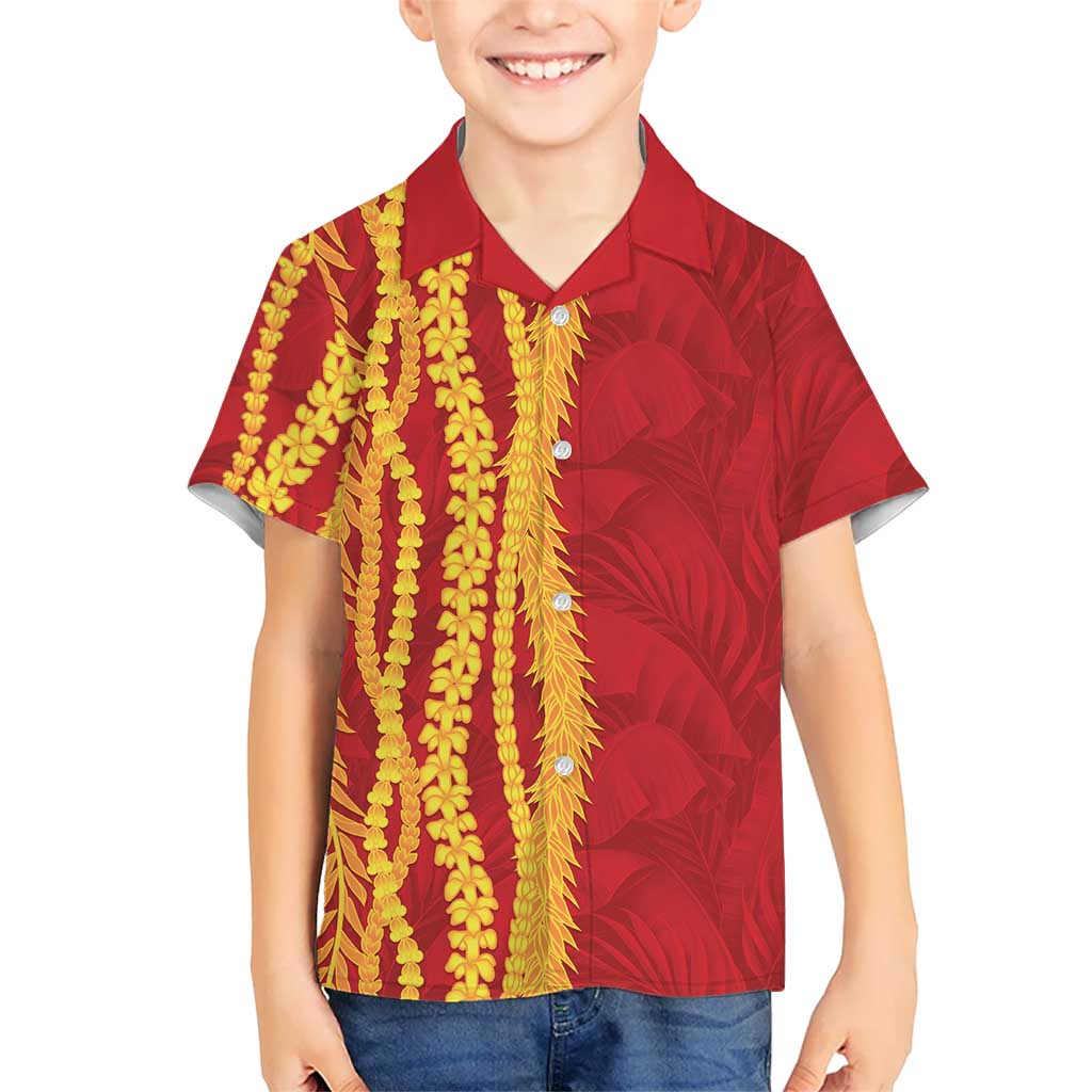 Hawaii Prince Kuhio Family Matching Long Sleeve Bodycon Dress and Hawaiian Shirt Red Hawaiian Lau Maia With Leis