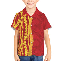 Hawaii Prince Kuhio Family Matching Long Sleeve Bodycon Dress and Hawaiian Shirt Red Hawaiian Lau Maia With Leis
