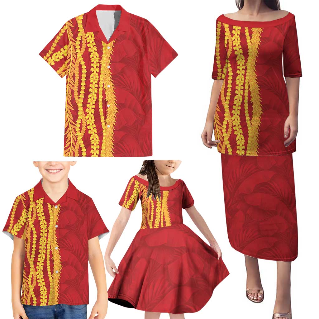 Hawaii Prince Kuhio Family Matching Puletasi and Hawaiian Shirt Red Hawaiian Lau Maia With Leis LT05 - Polynesian Pride