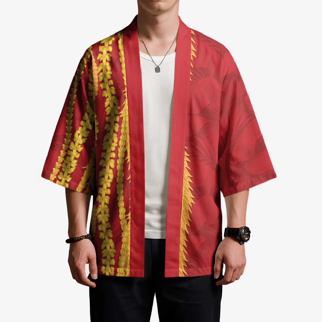 Hawaii Prince Kuhio Kimono Red Hawaiian Lau Maia With Leis LT05 - Polynesian Pride