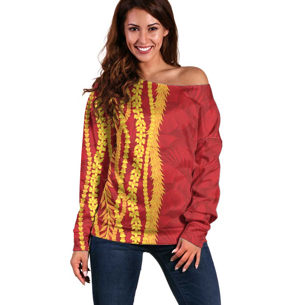 Hawaii Prince Kuhio Off Shoulder Sweater Red Hawaiian Lau Maia With Leis