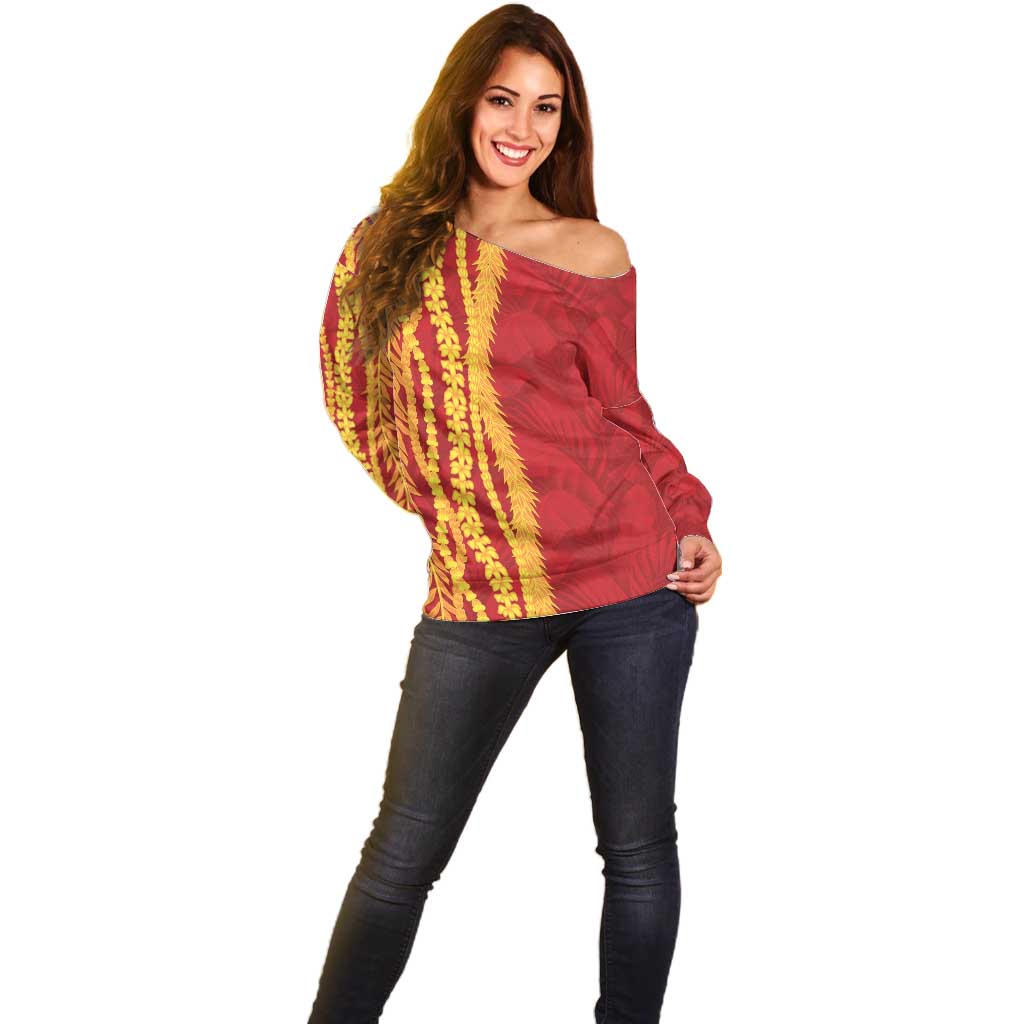 Hawaii Prince Kuhio Off Shoulder Sweater Red Hawaiian Lau Maia With Leis