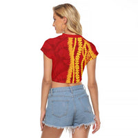 Hawaii Prince Kuhio Raglan Cropped T Shirt Red Hawaiian Lau Maia With Leis LT05 - Polynesian Pride
