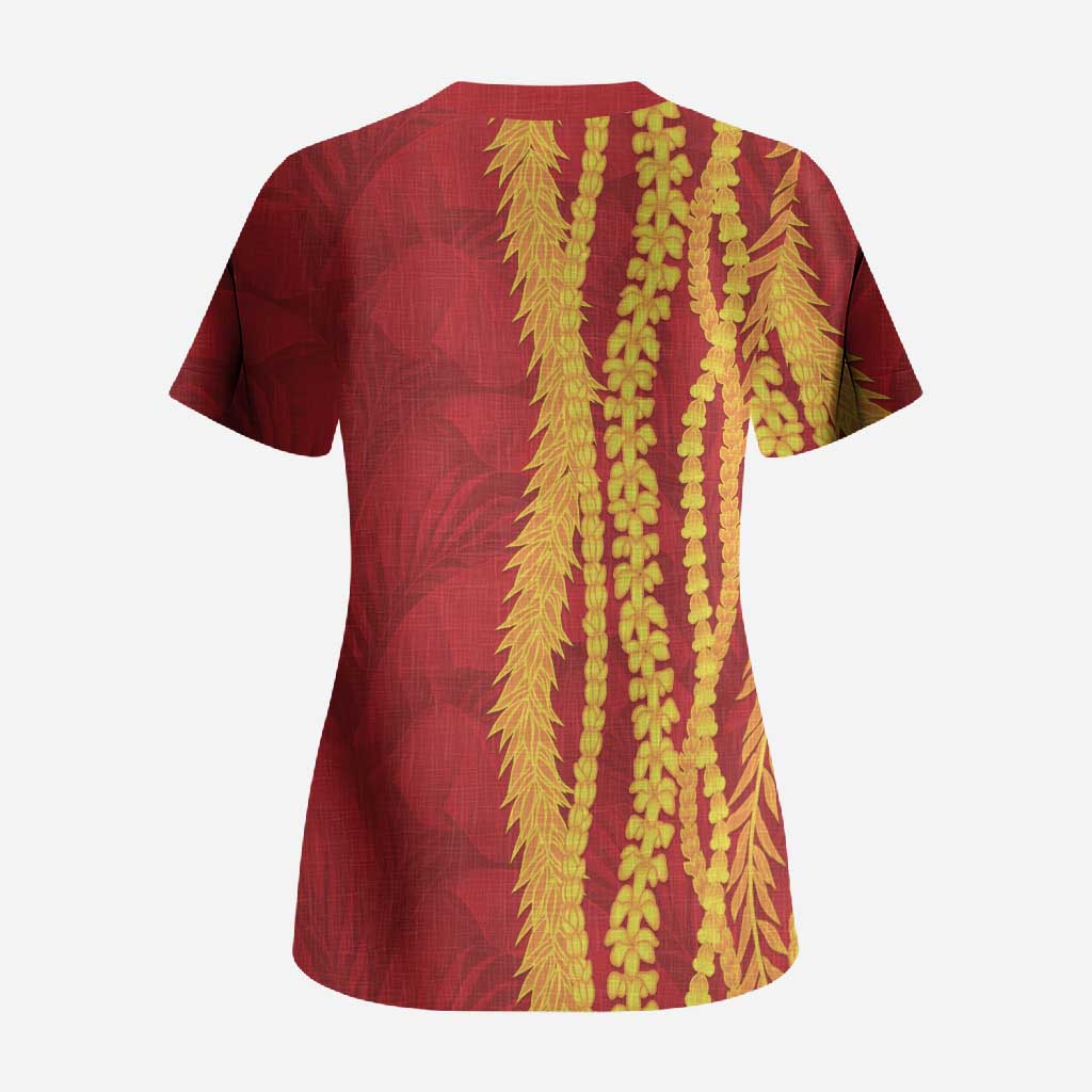 Hawaii Prince Kuhio Scrub Top Red Hawaiian Lau Maia With Leis