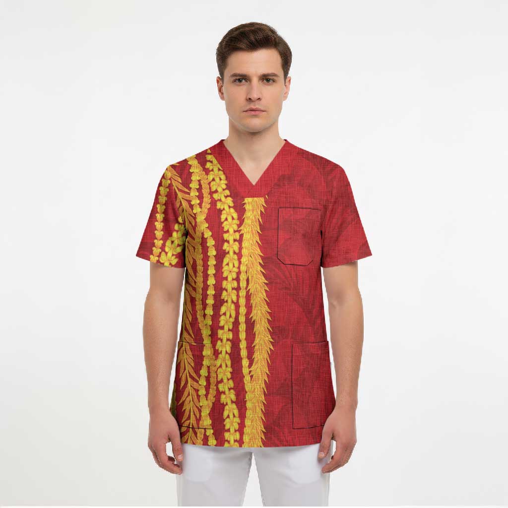 Hawaii Prince Kuhio Scrub Top Red Hawaiian Lau Maia With Leis