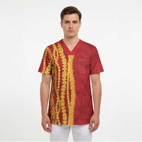 Hawaii Prince Kuhio Scrub Top Red Hawaiian Lau Maia With Leis
