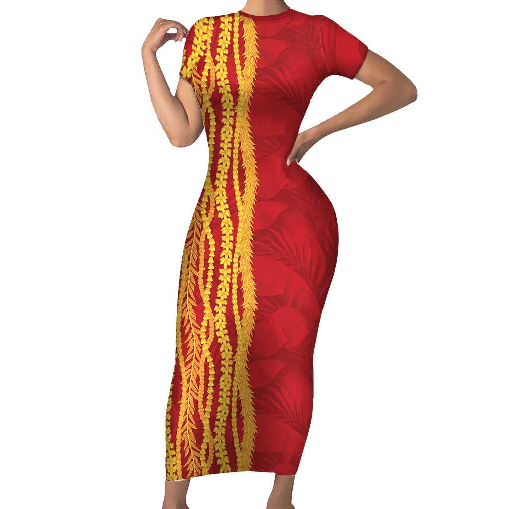 Hawaii Prince Kuhio Short Sleeve Bodycon Dress Red Hawaiian Lau Maia With Leis