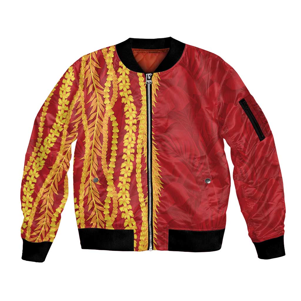 Hawaii Prince Kuhio Sleeve Zip Bomber Jacket Red Hawaiian Lau Maia With Leis
