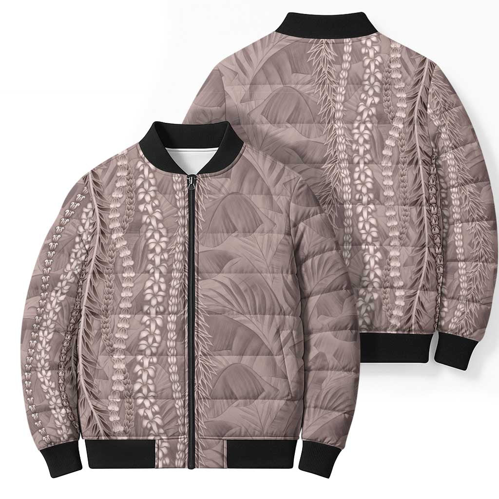 Hawaii Prince Kuhio Bomber Puffer Jacket Mocha Hawaiian Lau Maia With Leis LT05 - Polynesian Pride