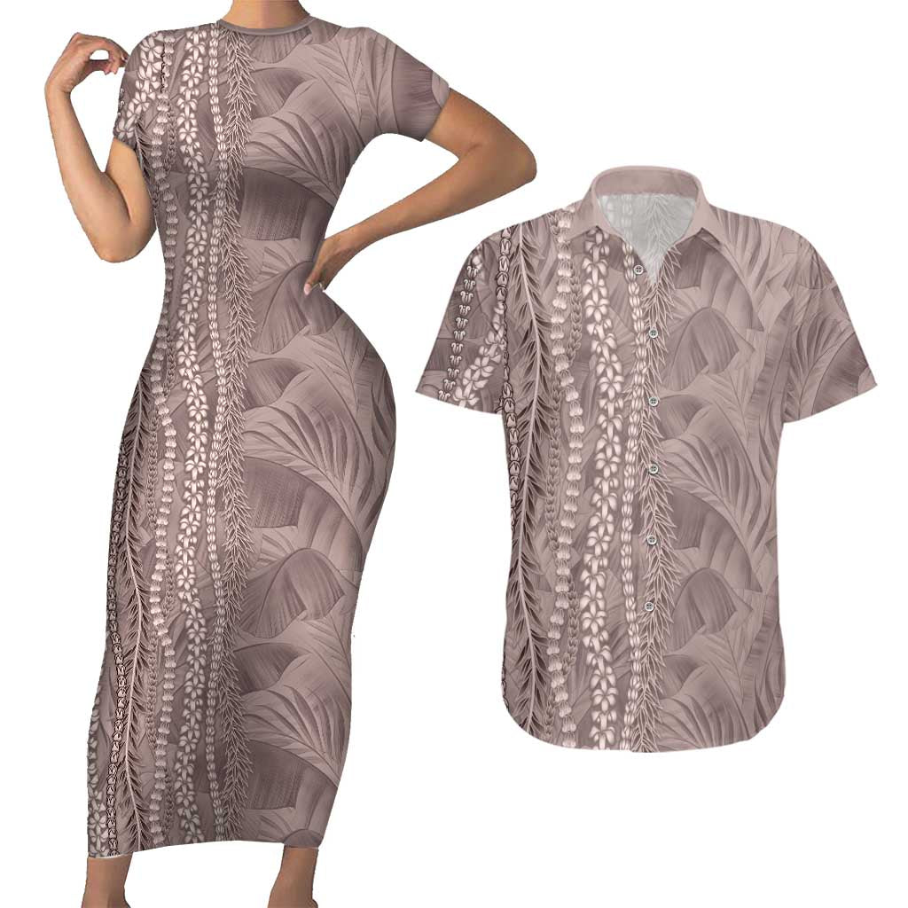 Hawaii Prince Kuhio Couples Matching Short Sleeve Bodycon Dress and Hawaiian Shirt Mocha Hawaiian Lau Maia With Leis