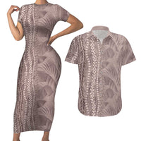 Hawaii Prince Kuhio Couples Matching Short Sleeve Bodycon Dress and Hawaiian Shirt Mocha Hawaiian Lau Maia With Leis