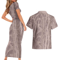 Hawaii Prince Kuhio Couples Matching Short Sleeve Bodycon Dress and Hawaiian Shirt Mocha Hawaiian Lau Maia With Leis