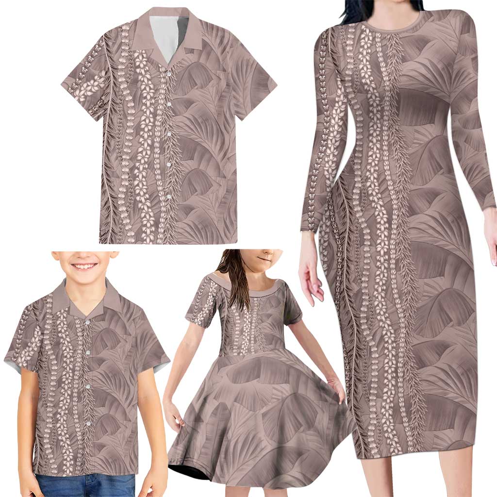 Hawaii Prince Kuhio Family Matching Long Sleeve Bodycon Dress and Hawaiian Shirt Mocha Hawaiian Lau Maia With Leis