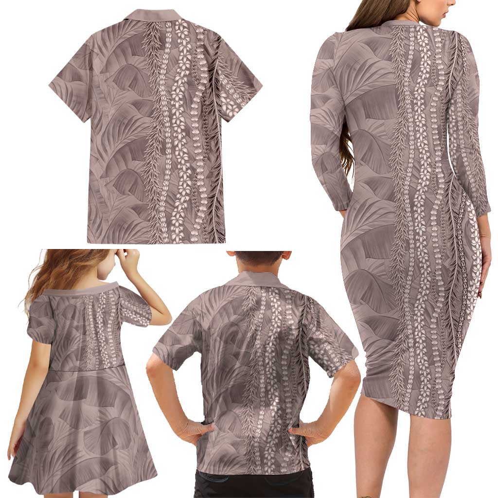Hawaii Prince Kuhio Family Matching Long Sleeve Bodycon Dress and Hawaiian Shirt Mocha Hawaiian Lau Maia With Leis
