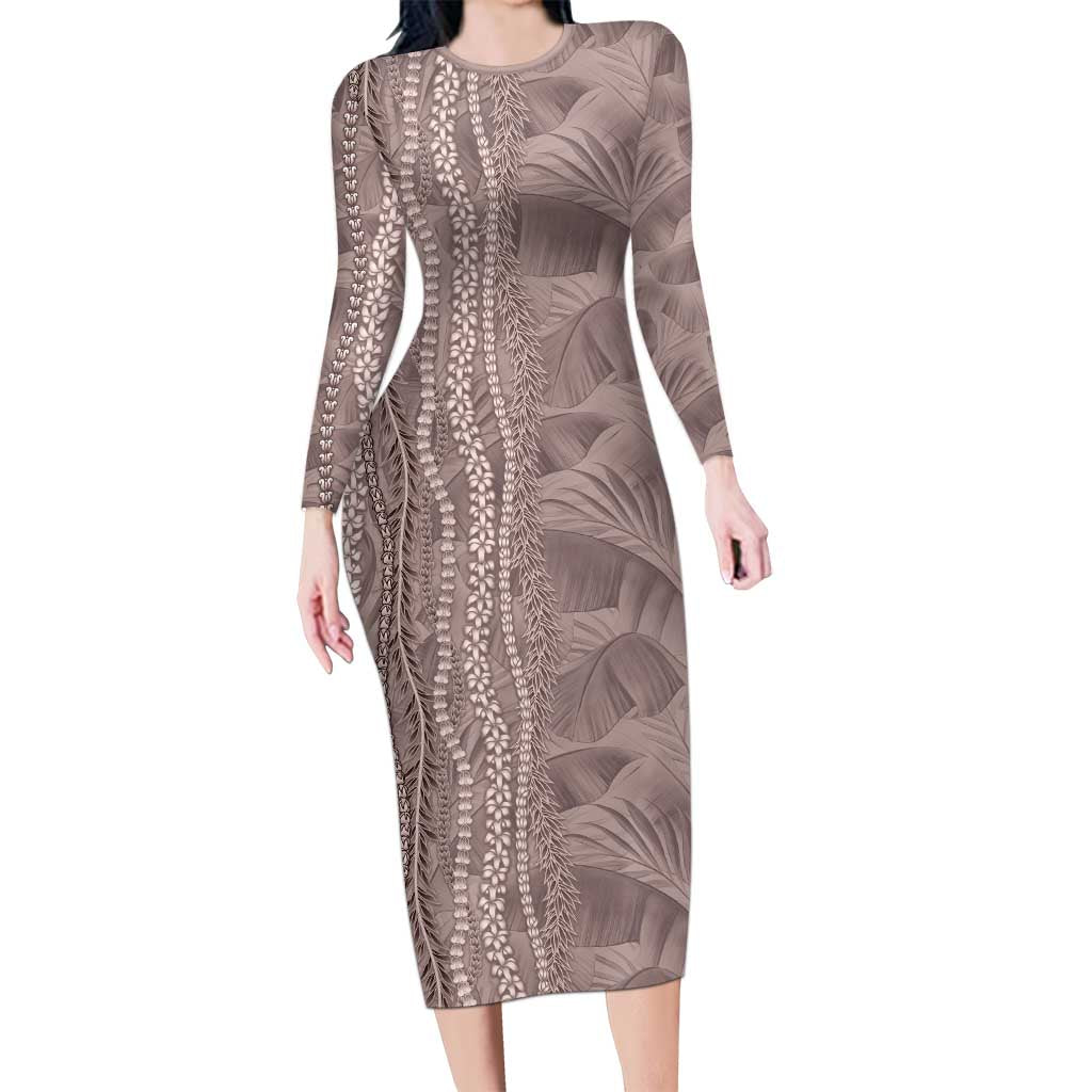 Hawaii Prince Kuhio Family Matching Long Sleeve Bodycon Dress and Hawaiian Shirt Mocha Hawaiian Lau Maia With Leis