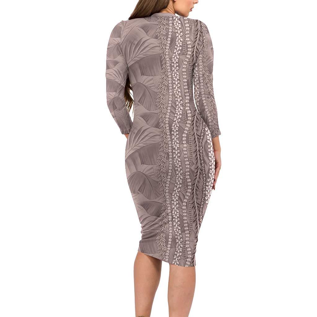 Hawaii Prince Kuhio Family Matching Long Sleeve Bodycon Dress and Hawaiian Shirt Mocha Hawaiian Lau Maia With Leis