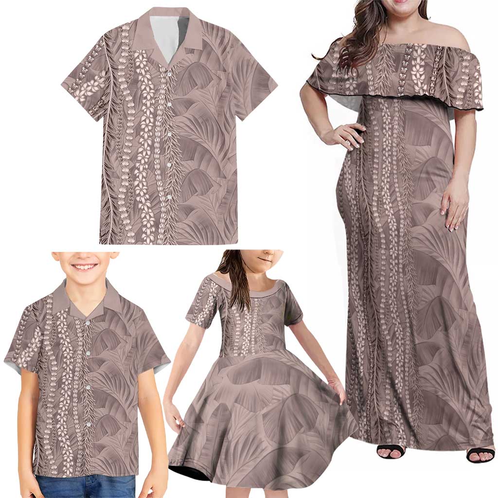 Hawaii Prince Kuhio Family Matching Off Shoulder Maxi Dress and Hawaiian Shirt Mocha Hawaiian Lau Maia With Leis