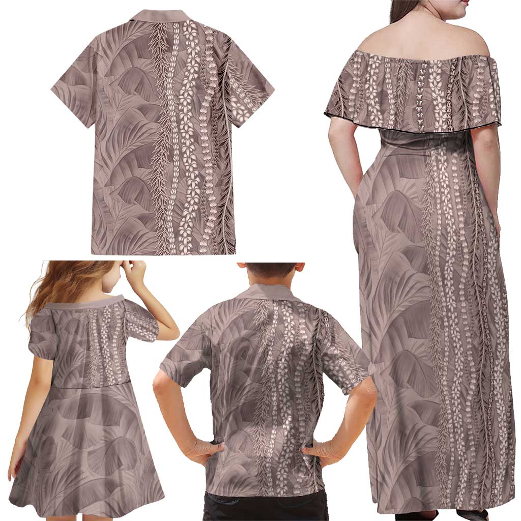 Hawaii Prince Kuhio Family Matching Off Shoulder Maxi Dress and Hawaiian Shirt Mocha Hawaiian Lau Maia With Leis