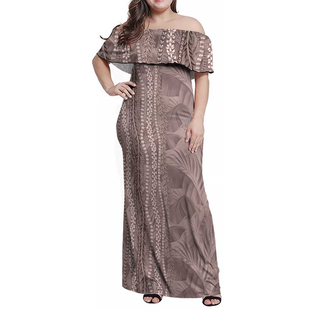 Hawaii Prince Kuhio Family Matching Off Shoulder Maxi Dress and Hawaiian Shirt Mocha Hawaiian Lau Maia With Leis