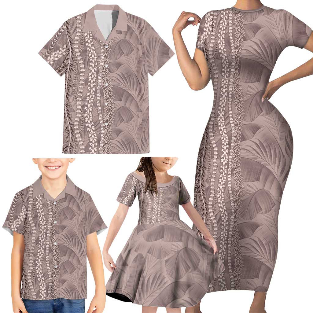 Hawaii Prince Kuhio Family Matching Short Sleeve Bodycon Dress and Hawaiian Shirt Mocha Hawaiian Lau Maia With Leis