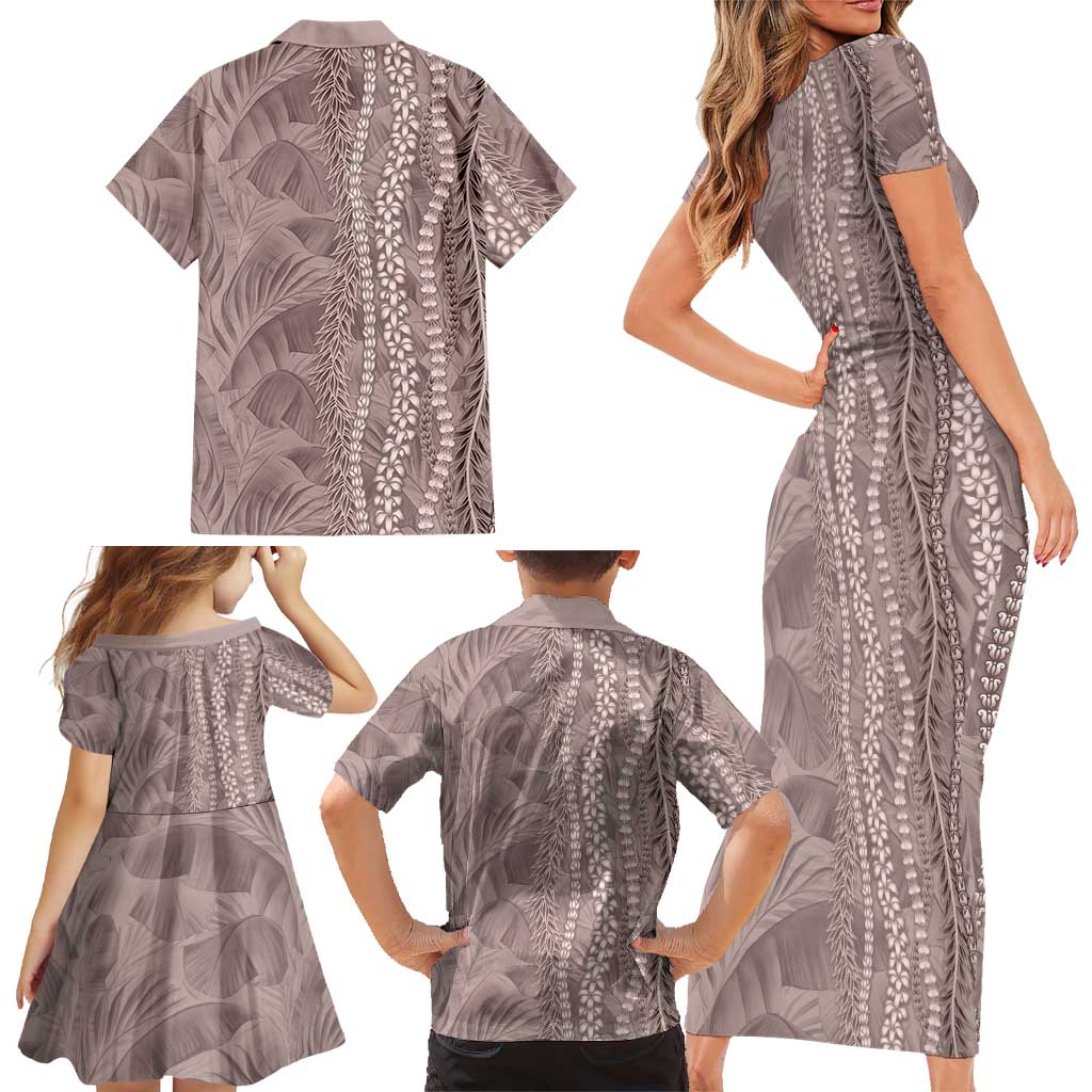 Hawaii Prince Kuhio Family Matching Short Sleeve Bodycon Dress and Hawaiian Shirt Mocha Hawaiian Lau Maia With Leis