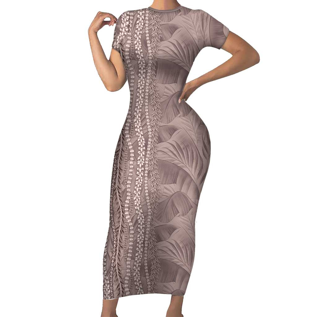 Hawaii Prince Kuhio Family Matching Short Sleeve Bodycon Dress and Hawaiian Shirt Mocha Hawaiian Lau Maia With Leis