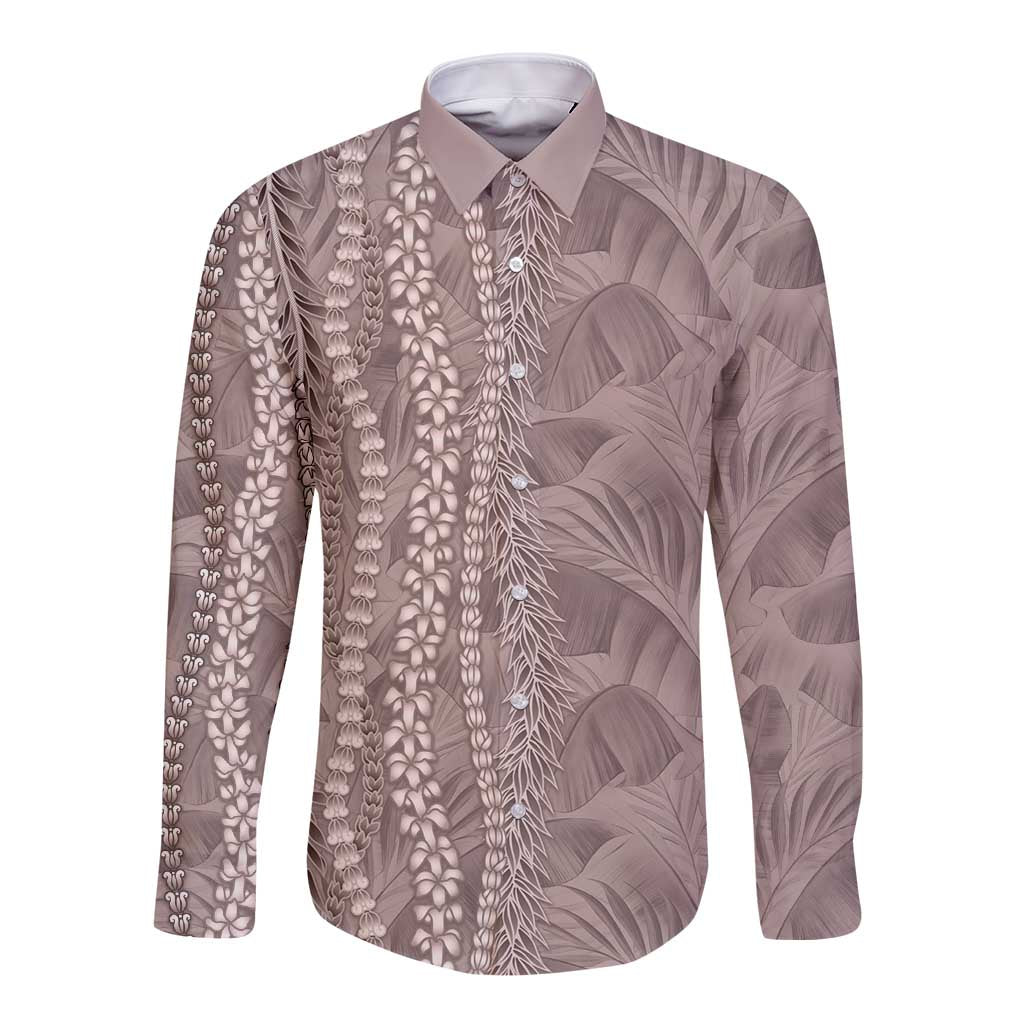 Hawaii Prince Kuhio Long Sleeve Button Shirt Mocha Hawaiian Lau Maia With Leis