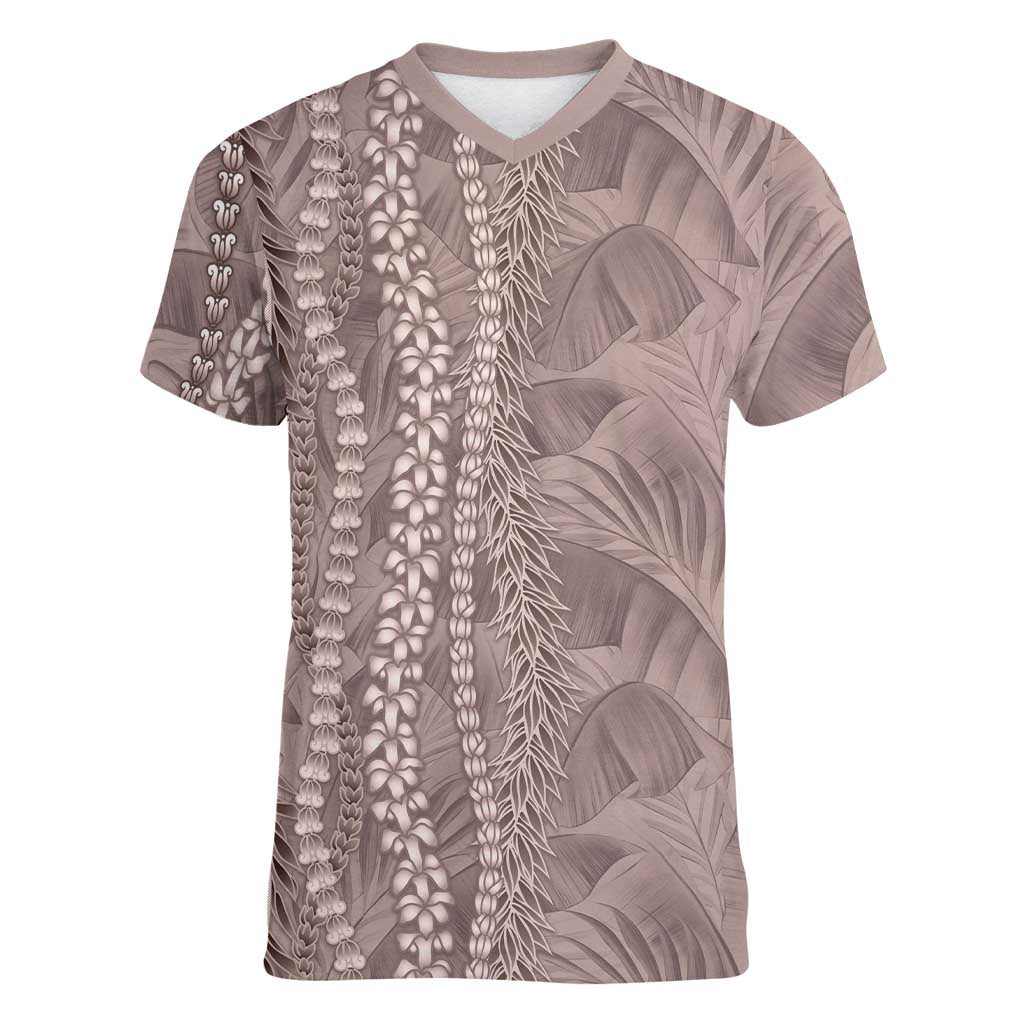Hawaii Prince Kuhio Women V-Neck T-Shirt Mocha Hawaiian Lau Maia With Leis