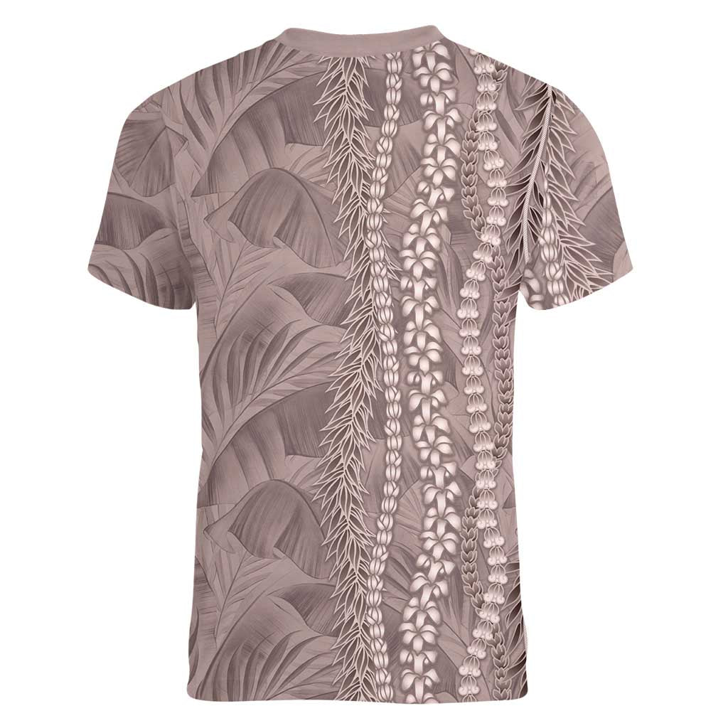Hawaii Prince Kuhio Women V-Neck T-Shirt Mocha Hawaiian Lau Maia With Leis