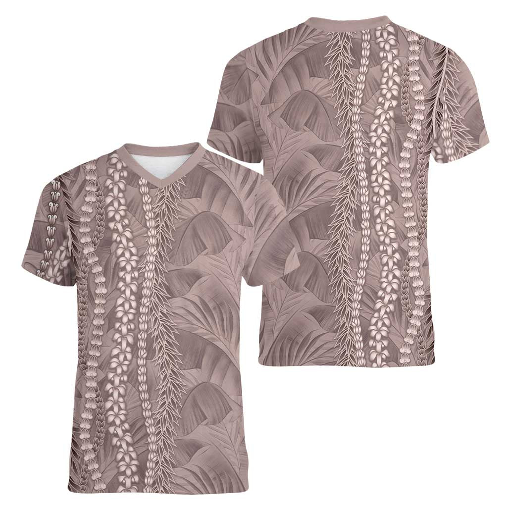 Hawaii Prince Kuhio Women V-Neck T-Shirt Mocha Hawaiian Lau Maia With Leis